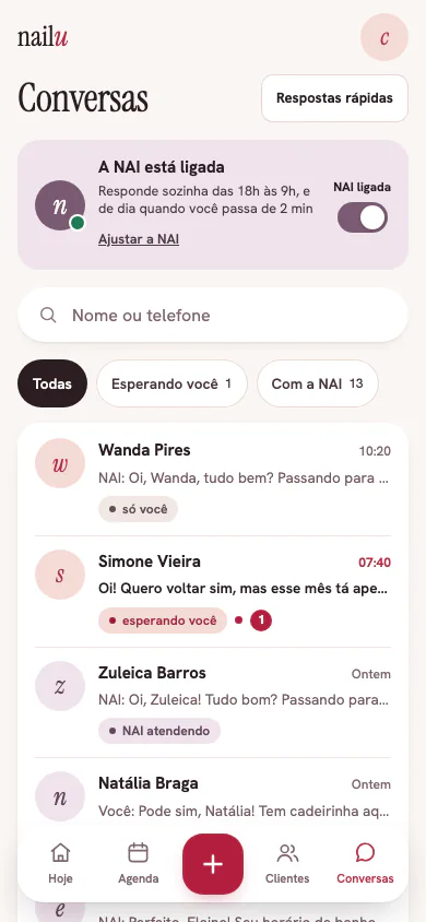 A lista de conversas, com a faixa da NAI